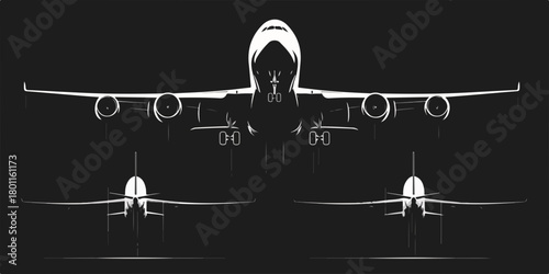 A detailed vector illustration showcasing a commercial passenger airplane in various technical views against a dark background, perfect for aviation concepts.