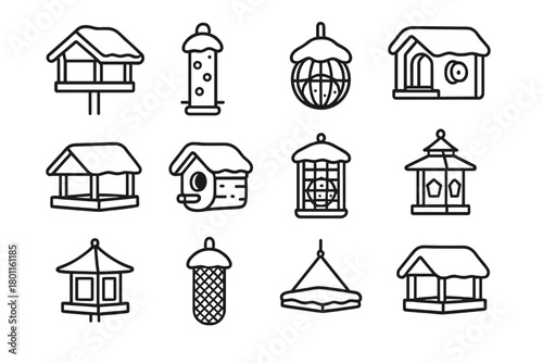 Winter Bird Feeder Icons. Winter Garden Feeders. Line outline icon set of garden bird feeders with snow: house