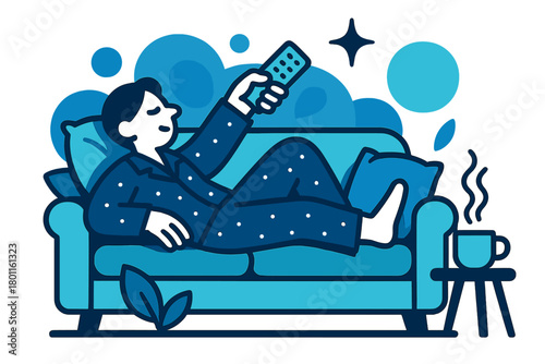 Cozy Winter Relaxation. Lazy winter weekend. A figure lies on the couch in pajamas, TV remote in hand,