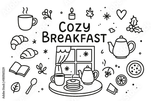 Cozy Christmas Breakfast. Cozy Breakfast. Hand-drawn doodle illustration of warm cozy Christmas breakfast by