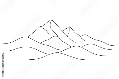 Minimalist Mountain Lines. Layered Mountains. Minimalistic one-line drawing winter peaks behind rolling hills,