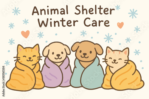 Cozy Winter Companions. "Animal shelter winter care". Cozy doodle of kittens and puppies sitting together