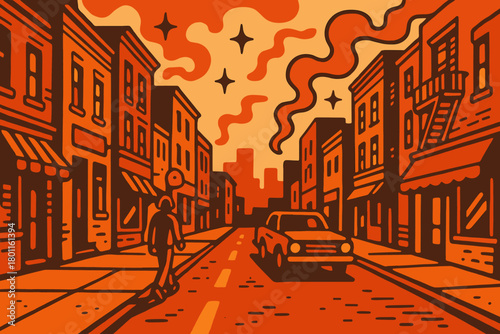 Retro Urban Aesthetic. urban street. 70s poster vibe, warm gradient fills, thick outlines, offset shadows,