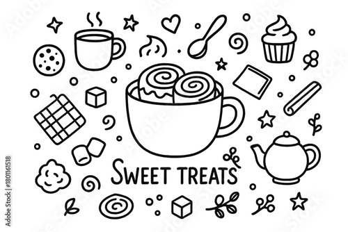 Sweet Treats Doodle. Sweet Treats. Hand-drawn doodle illustration of cinnamon rolls and hot cocoa dessert
