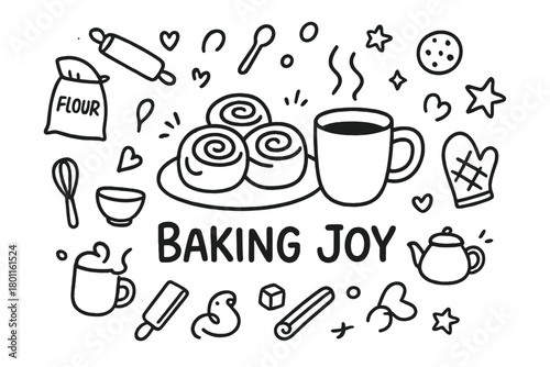 Baking Joy Doodles. Baking Joy. Hand-drawn doodle illustration of cinnamon rolls freshly baked with cocoa mug