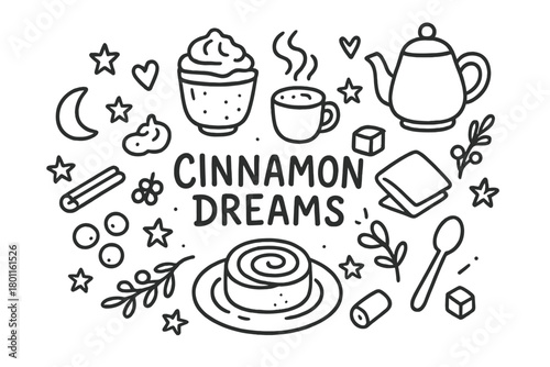 Cinnamon Cocoa Delight. Cinnamon Dreams. Hand-drawn doodle illustration of cozy cocoa and cinnamon rolls. In