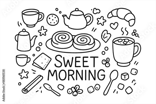 Breakfast Doodle Delight. Sweet Morning. Hand-drawn doodle illustration of breakfast with cinnamon rolls and