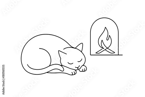 Minimalist Cat by Firelight. Winter Nap. Minimalistic one-line drawing sleeping cat near firelight, continuous