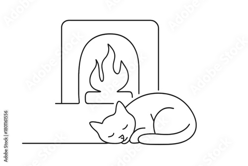Minimalist Cat Nap. Warm Evening. Minimalistic one-line drawing cat napping in front of cozy fire, continuous