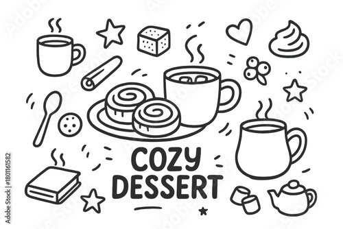 Cozy Dessert Doodle. Cozy Dessert. Hand-drawn doodle illustration of cinnamon rolls and cocoa as cozy dessert