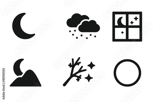 Winter Moon Icon Set. Winter Moonlight. Filled icon set of Winter Moonlight: crescent moon, frosty landscape,