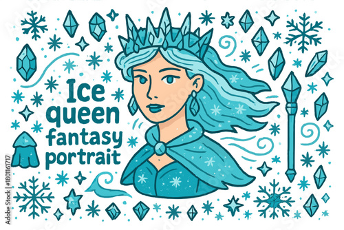 Ice Queen Fantasy. Ice queen fantasy portrait. Hand-drawn doodle illustration of ice queen fantasy portrait.