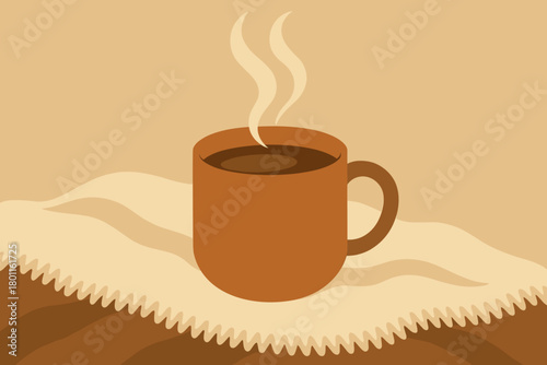 Cozy Cocoa Retreat. minimalist flat illustration of a close-up view of a mug of cocoa on a fuzzy blanket,