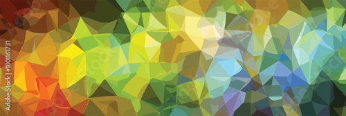 A vibrant abstract vector background features a dynamic low poly geometric design with a colorful gradient transitioning from warm to cool tones.