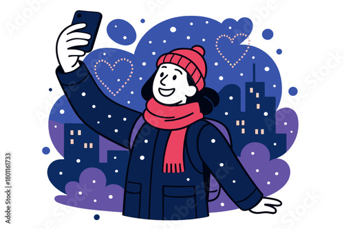 Snowy City Selfie. Snowy selfie moment. Smiling traveler holds a phone up high, capturing themselves against