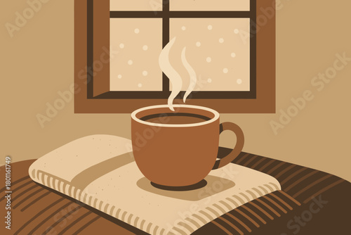 Cozy Cocoa Vibe. minimalist flat illustration of a steaming cup of cocoa on a textured blanket, snow falling