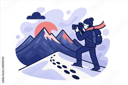 Sunset Mountain Photography. Mountain summit capture. A photographer stands on a snowy ridge, snapping photos