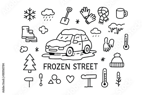 Frozen Street Doodle. Frozen Street. Hand-drawn doodle illustration of snowy car parked on icy street. In the