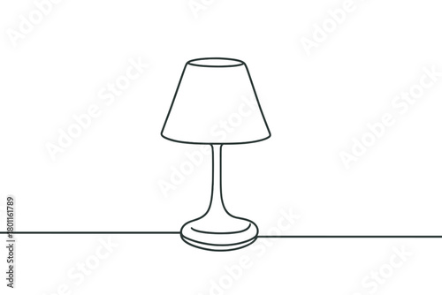 Minimalist Bedside Lamp. Warm Light. Minimalistic one-line drawing bedside lamp glowing softly in winter room,