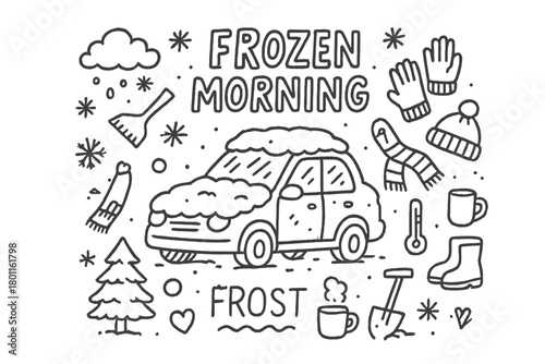 Frozen Morning Doodle. Frozen Morning. Hand-drawn doodle illustration of frosty car covered in snow. In the