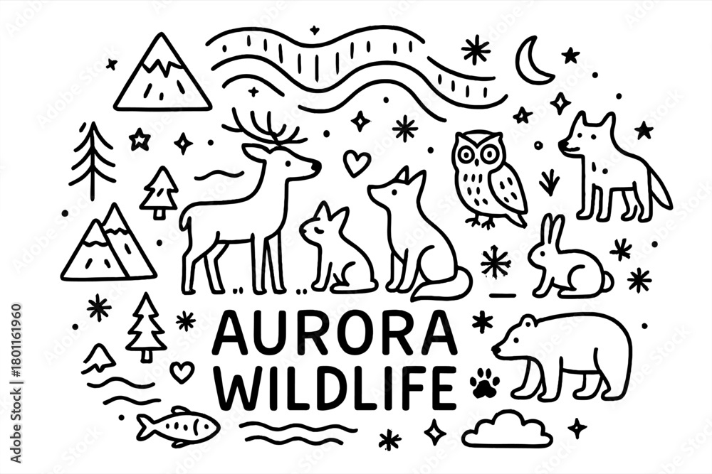Obraz premium Aurora Wildlife Doodles. Aurora Wildlife. Hand-drawn doodle illustration of wild animals under aurora sky. In
