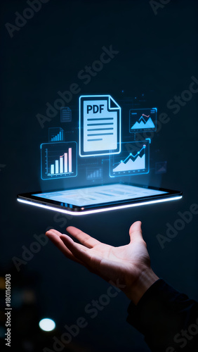 A hand holds a tablet showcasing a floating PDF document with vibrant data visualizations, ideal for tech presentations or digital marketing materials.