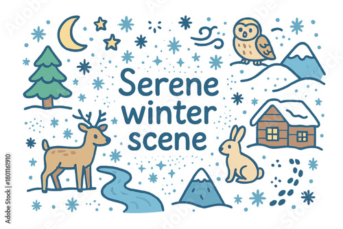 Serene Winter Doodle. Serene winter scene. Hand-drawn doodle illustration of serene winter scene. Deer, pine