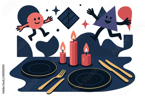 Elegant Dinner Setup. Elegant black-and-gold table setup. A refined dinner table with black plates, golden