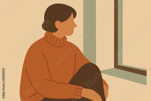 Cozy Window Retreat. minimalist flat illustration of a person wearing a cozy sweater sitting near a window,