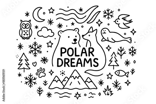 Aurora Arctic Doodles. Polar Dreams. Hand-drawn doodle illustration of aurora sky over arctic wildlife. In the