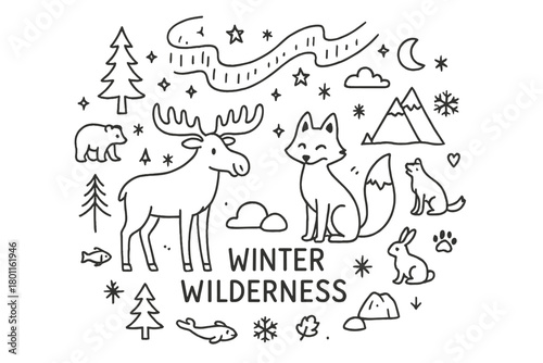 Winter Wilderness Doodles. Winter Wilderness. Hand-drawn doodle illustration of forest animals under northern