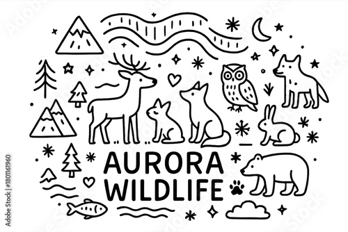 Aurora Wildlife Doodles. Aurora Wildlife. Hand-drawn doodle illustration of wild animals under aurora sky. In