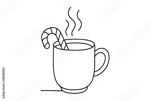 Minimalist Cocoa Drawing. Cozy Mug. Minimalistic one-line drawing steaming cocoa in cup with striped candy