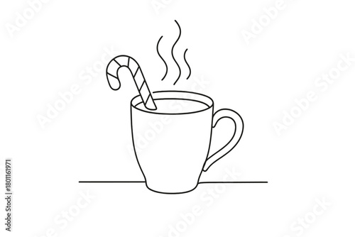 Minimalist Hot Chocolate. Winter Cup. Minimalistic one-line drawing hot chocolate with peppermint stick and