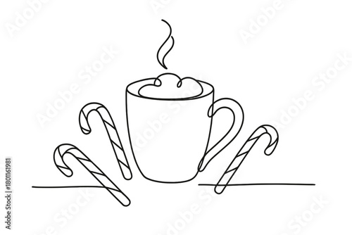 Minimalistic Festive Mug. Festive Mug. Minimalistic one-line drawing hot cocoa cup surrounded by candy canes,