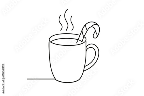 Minimalist Cocoa Art. Hot Cocoa. Minimalistic one-line drawing mug of steaming cocoa with candy cane,
