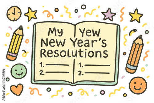 New Year Doodles. "New Year’s resolutions notebook". Large child-like hand-drawn doodle illustration showing