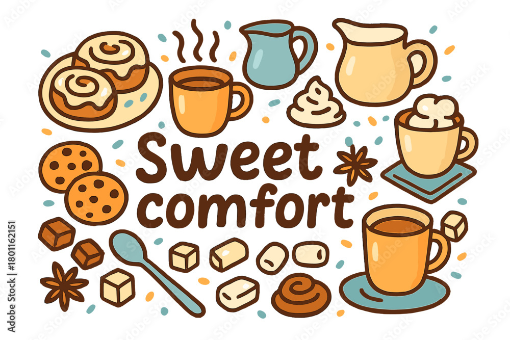 Obraz premium Sweet Comfort Delight. Sweet comfort. Hand-drawn doodle illustration of sweet comfort. Cinnamon rolls,