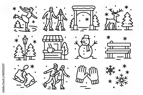 Winter Skating Icons. Snowy Ice Rink. Line outline icon set of skating scenes in winter park square: figure