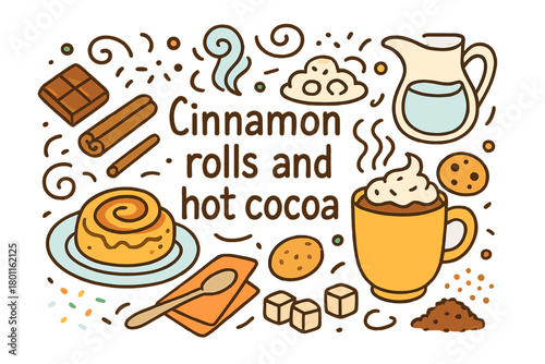 Cozy Cocoa Spread. Cinnamon rolls and hot cocoa. Hand-drawn doodle illustration of cinnamon rolls and hot