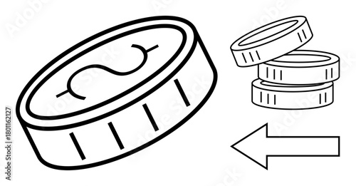Coins with arrow signifying money flow, savings, income, investment. Ideal for finance, budget, growth, trade economy business strategy themes. Simple flat metaphor