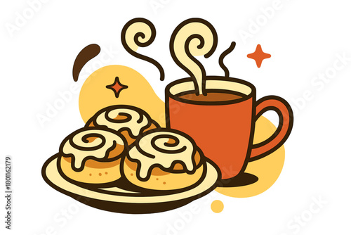 Cinnamon and Cocoa Delight. Cinnamon rolls and hot cocoa. A steaming mug of cocoa beside a plate of freshly