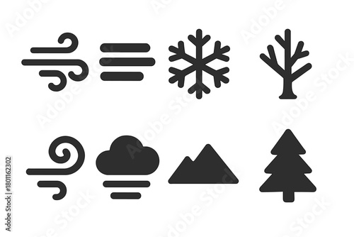 Frozen Air Icons. Frozen Air. Filled icon set of Frozen Air: cold wind, mist layer, snowflake, tree silhouette