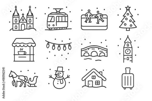 Winter Travel Icons. Winter in Central Europe. Line outline icon set of travel and tourism icons: snow-covered