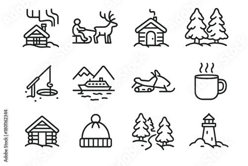 Nordic Adventure Icons. Scandinavian Winter Travel. Line outline icon set of nordic tourism icons: northern