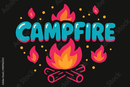 Playful Campfire Glow. campfire. playful cartoon bubble lettering, rounded shapes, thick colorful outlines,