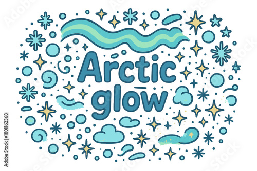Arctic Glow Illustration. Arctic glow. Hand-drawn doodle illustration of arctic glow. Snowflakes, aurora waves
