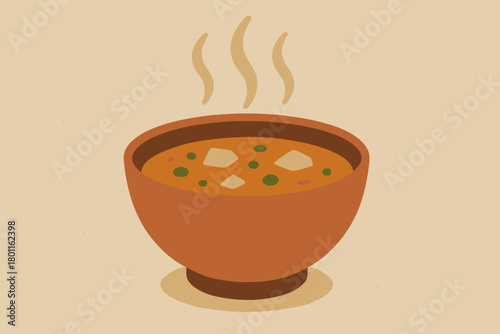Retro Soup Illustration. minimalist flat illustration of a steaming bowl of homemade soup in a ceramic bowl,