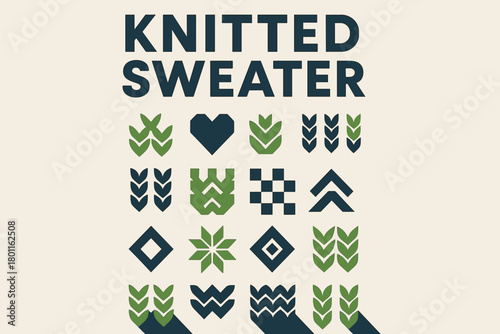 Minimalist Knit Poster. Knitted sweater. geometric sans heavy, flat fills, long angled shadows, minimalist
