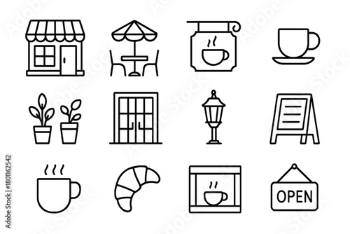 Cozy Café Icons. Street Café. Line outline icon set of cozy coffee shop exteriors: corner café building,